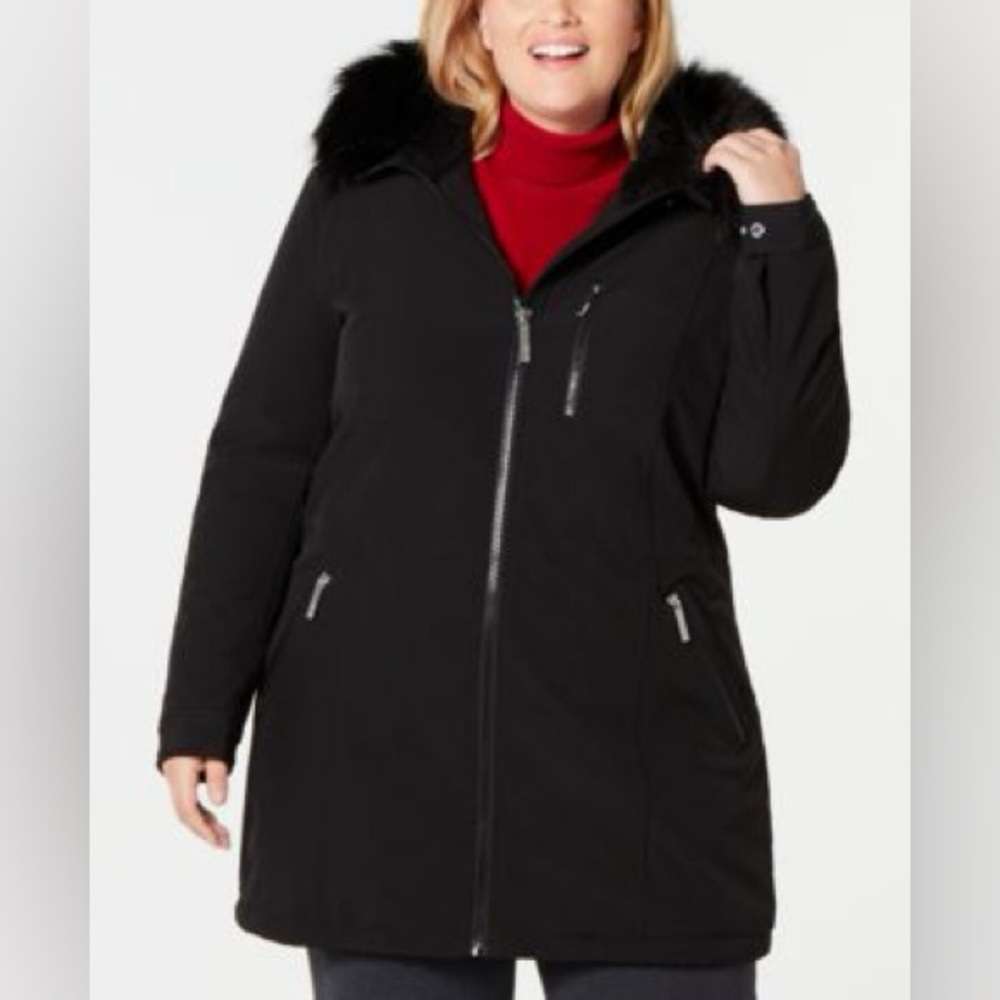 CALVIN KLEIN Lined Faux Fur Hood Water Wind Resistant Jacket Coat Black Size XL